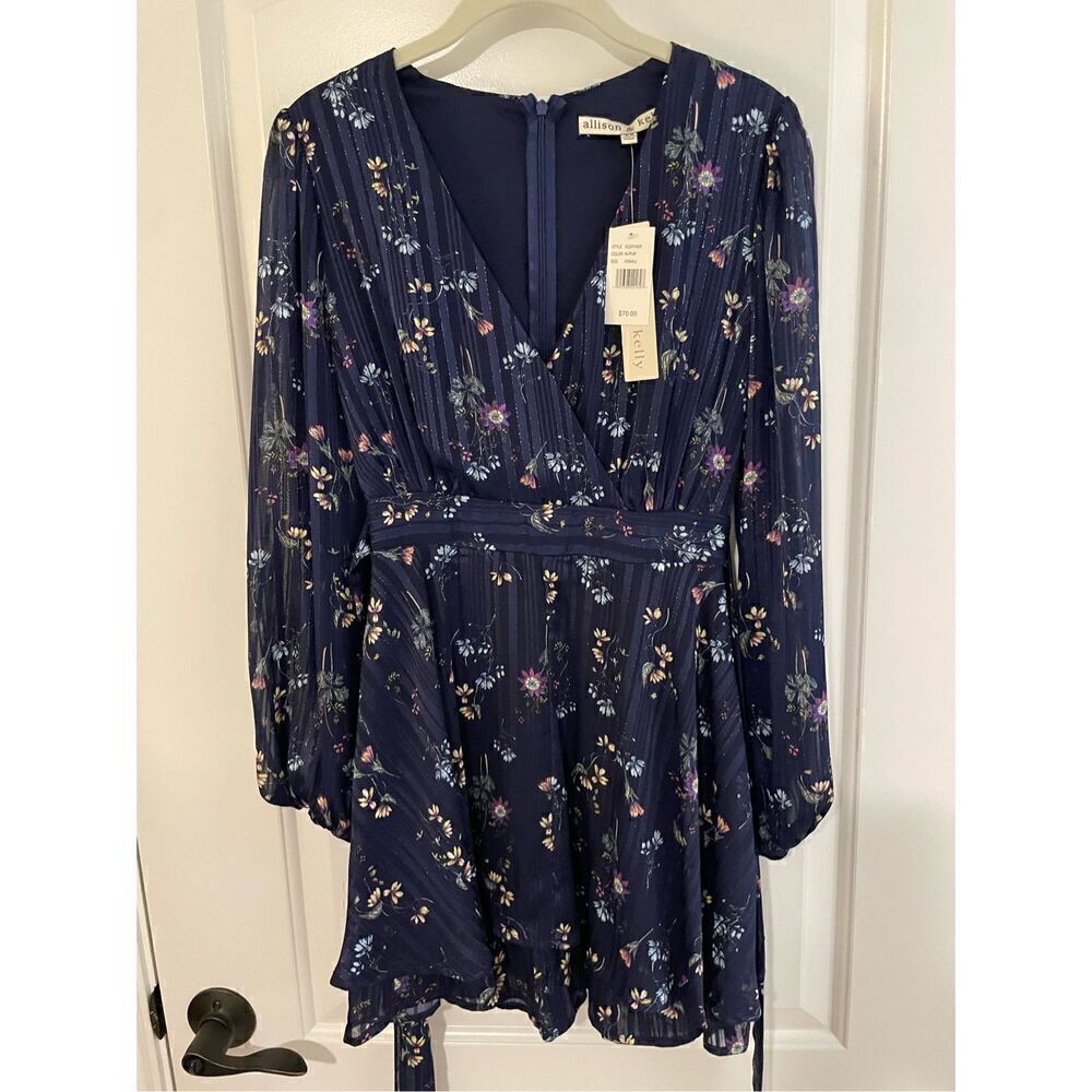 Women's Floral Bohemian V-Neck Fully Lined Long Sleeve Mini Dress Blue Sz XS NWT